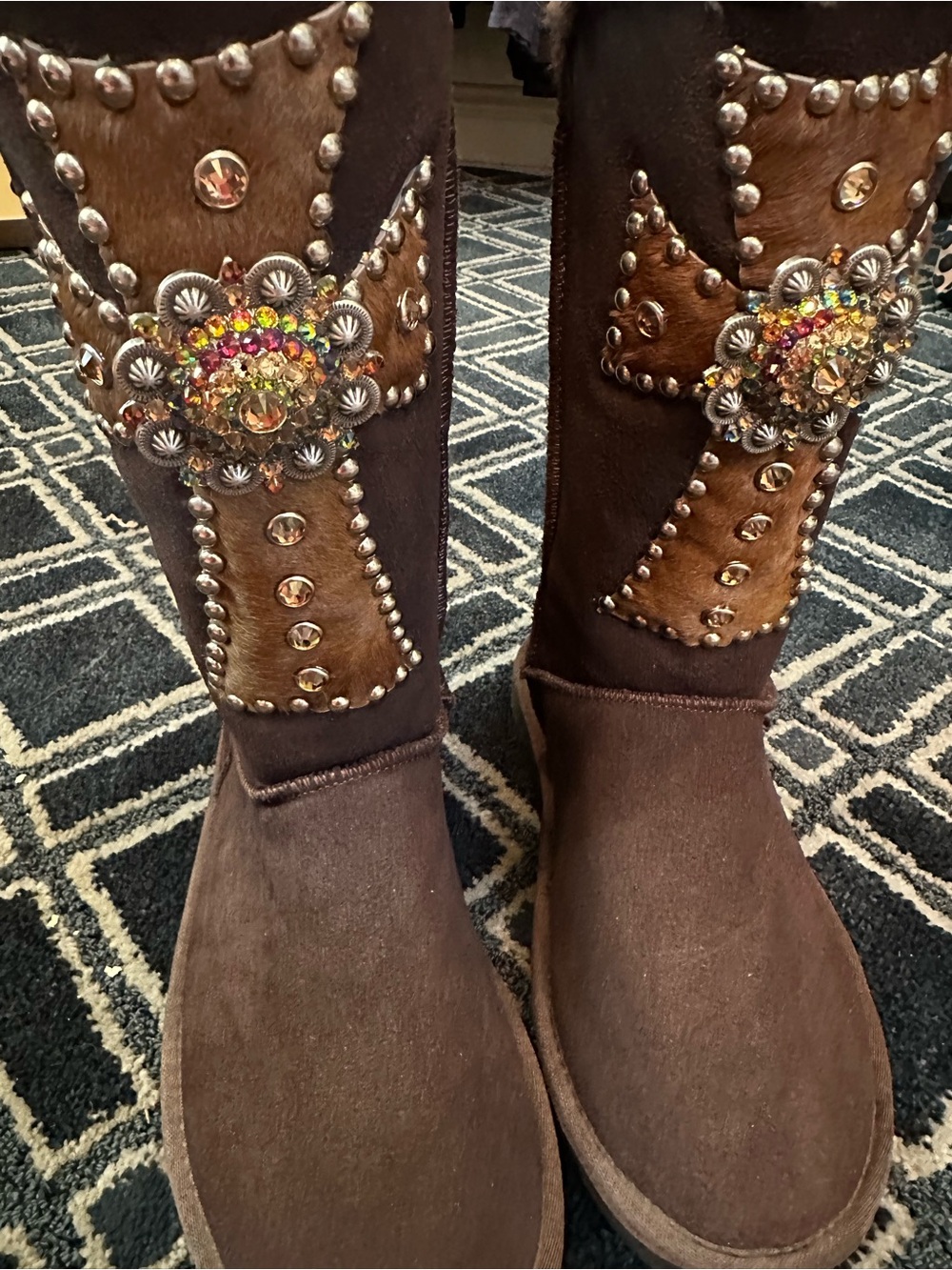Women's Brown Embellished Studded Boots